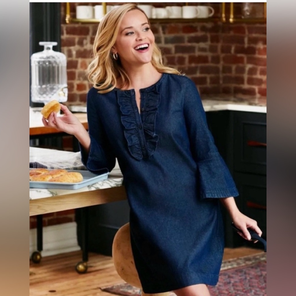Draper James Dark Blue Denim Ruffle Sleeve Dress - Picture 2 of 12